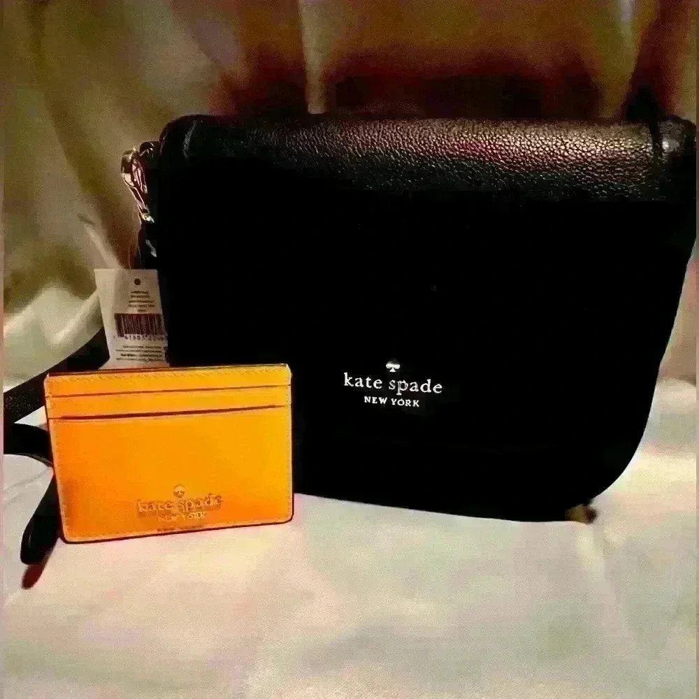 INCREDIBLE Kate Spade Saddle Bag BlK Pebbled Leather YLW Daffodil Leather Small - Picture 1 of 11